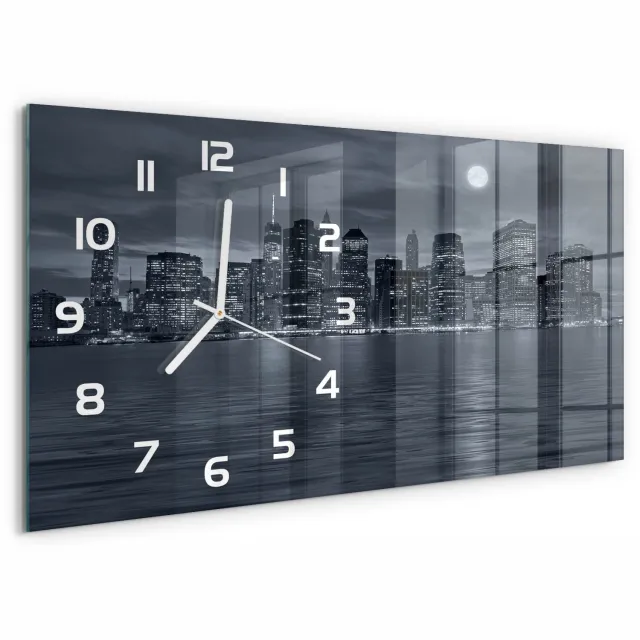 TULUP Wandklok - New York 's nachts Wandklok Glas Met Motief - 60x30 cm - Zwart-wit Decoratieve Glazen Klok - Witte handen - Rechthoekige Klok - Gekleurde Glazen Klok - Glazen Klok Met Print