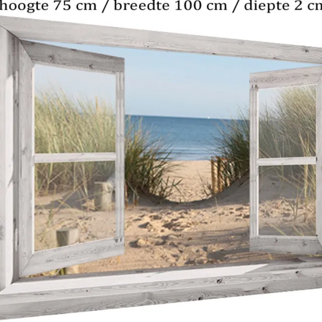 D&C Collection Tuinposter op canvas - 75x100x2 cm - voor buiten - tuindoek doorkijk wit venster duinovergang - strand, tuindoek wit, blauw, geel