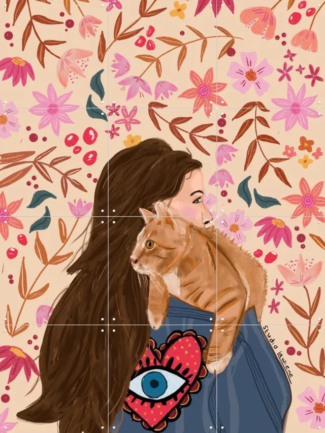 IXXI Cat On My Shoulder, Studio LaWiene - 60 x 80 cm - Grote wanddecoratie en posters - Fantasierijk, Retro, Impressionisme, Cartoonesk, Digitale Roze / Beige