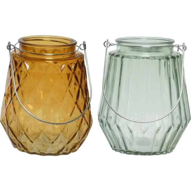 Decoris Set van 2x stuks theelichthouders/waxinelichthouders ruit/streep glas cognac/oranje en mistgroen met metalen handvat 11 x 13 cm Multi