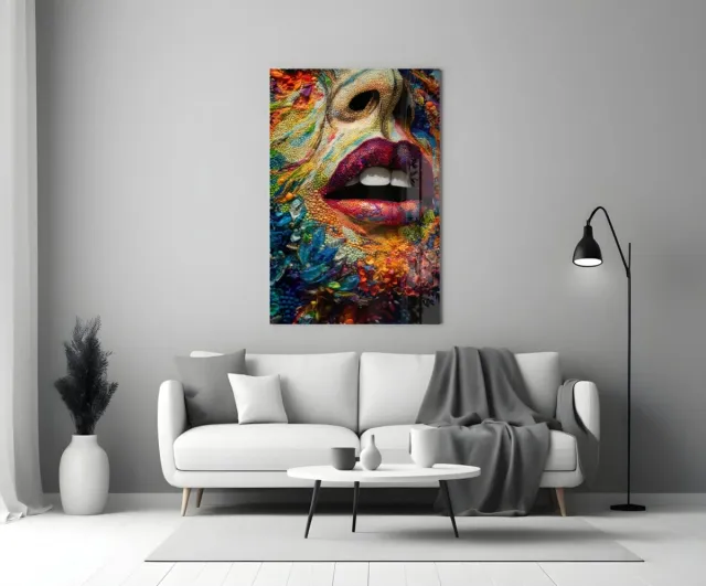 Insigne Art Kleurrijk Glasschilderij Lippen en Bloemen – 72x46 cm – Modern Design op Gehard Glas – Stijlvolle Wanddecoratie