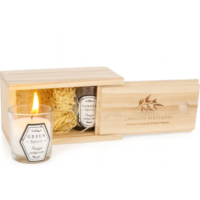 WDMT Geurkaarsen Set van 2 – Kaarsen in Houten Landelijke Geschenkdoos - Rustieke Stijl – Luxe Cadeauset / Geschenkset – Decoratieve Geurkaarsen voor Woonkamer, Badkamer of Slaapkamer – Beige Wit