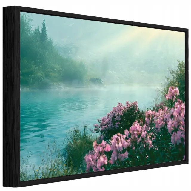 WALLARENA Schilderij op canvas met zwarte lijst - 100x70 cm - boslandschap met rivier en bloemen - voor slaapkamer en woonkamer