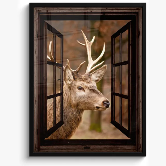 FrameYourWall Poster in lijst - Fotolijst 50x70 cm - Posters - Hert - Dier - Bos - Herfst - Hertenkop - Bruin - Doorkijk - Posterlijst zwart - Decoratie - Wanddecoratie woonkamer - Muurdecoratie slaapkamer