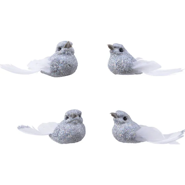 Decoris 12x Decoratie glitter vogeltjes zilver op clip 5 cm - Kerstboomversiering vogels - Hobby/knutsel materiaal