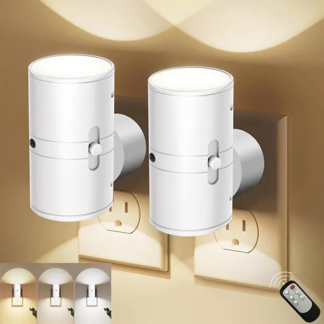 Huttutu LED nachtlampje plug-in – Lamp met Schemersensor – Automatische Nachtlamp van Schemer tot Dageraad – Dimbare Lamp in 3 Kleuren voor Slaapkamer & Gang – met Afstandsbediening – 2-Pack Wit