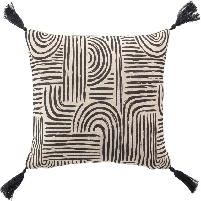 Douceur d intérieur Decoratief kussen PANDORE, met franjes, geometrisch patroon, 45 x 45 cm zwart