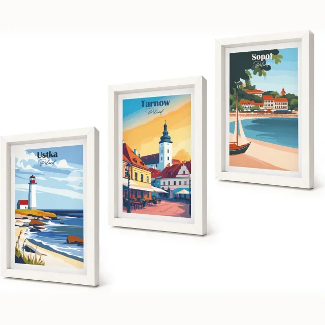 Coloray 3-Delige Schilderij Set - Uitzicht op de Poolse steden Ustka Tarnów Sopot - 20x30 - Muurdecoratie - Decoratieve Schilderijen - Wohnzimmer Witte lijst
