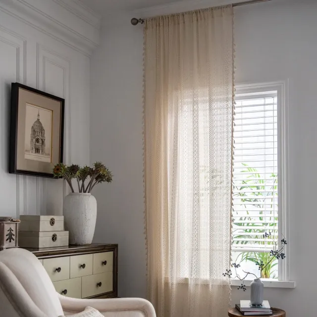 Ibenzoa Handgemaakt Boheems Gordijn met Gehaakte Kwastjes en Semi-Sheer Kanten Design voor Stijlvolle Kamers beige