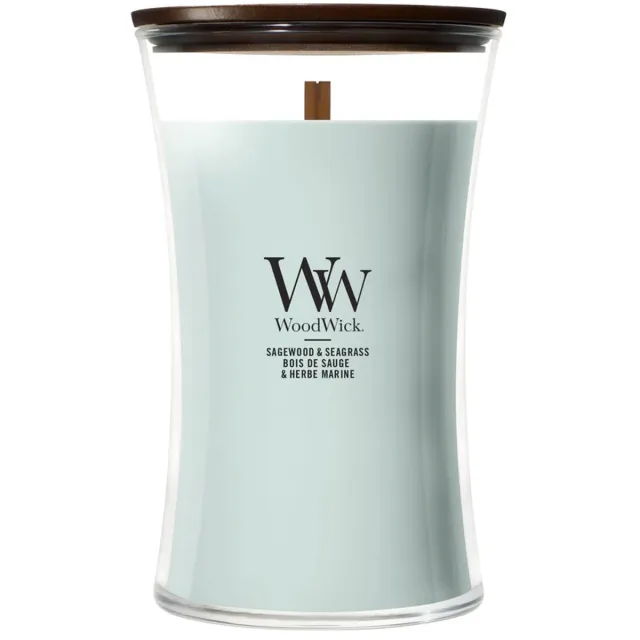 Woodwick Hourglass Large Geurkaars - Sagewood & Seagrass - 130 branduren groen