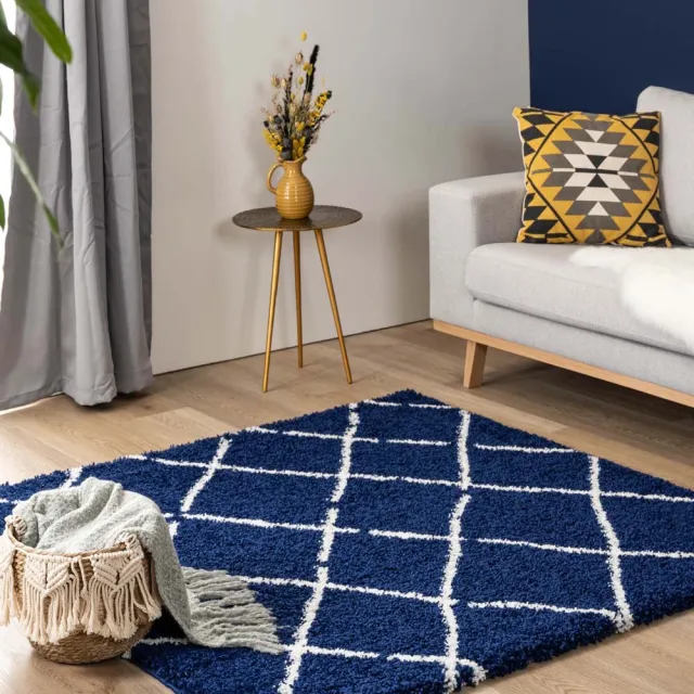 Boho&me Vierkant hoogpolig vloerkleed ruiten Artisan - marineblauw/wit 240x240