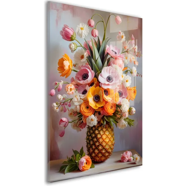 De Online Drukwinkel Glasschilderij Zomerse Bloemexplosie - 30 x 20 cm - Ananas - Bloemencompositie - Acrylaat - Inclusief wandbevestiging - Foto op plexiglas - Wanddecoratie woonkamer Roze