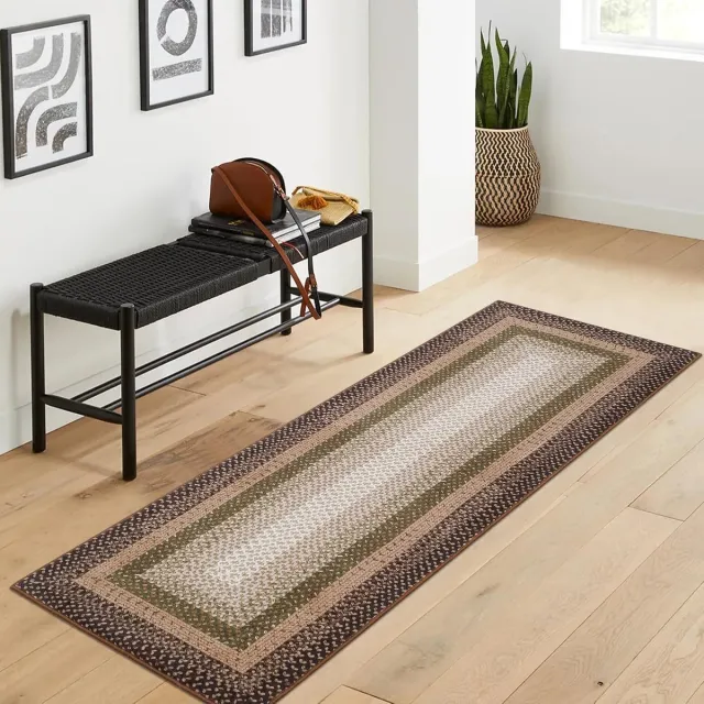 Triumpunpre Vloerkleed - Wasbaar Antislip Textuur Motief - Bruingroen - 60x230 cm