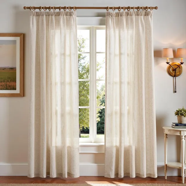 Famanu Set van 2 moderne gordijnen met plooiband, 210 x 140 cm, beige, lichtdoorlatend en ondoorzichtig voor woonkamer en slaapkamers, eenvoudig te monteren en wasbaar