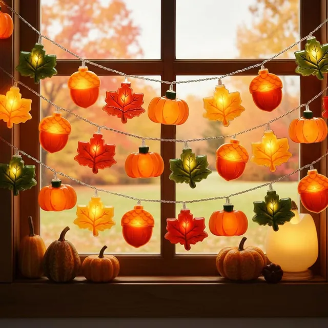 KZQ Thanksgiving Lichtslinger 3 Meter 20 Led Herfstdecoratie - Op Batterijen, Waterdicht, Voor Binnen En Buiten, Met Eikel, Esdoorn, Blad En Pompoen Motief, Perfect Voor Huis En Feest