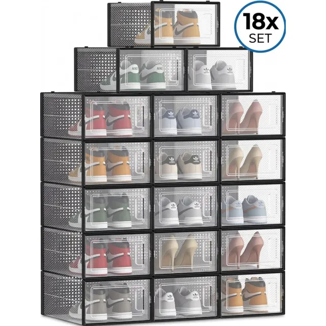 Bobbel Home Schoendozen set van 18 - Opbergdozen voor schoenen - Schoen organizer - Tot - Transparant zwart