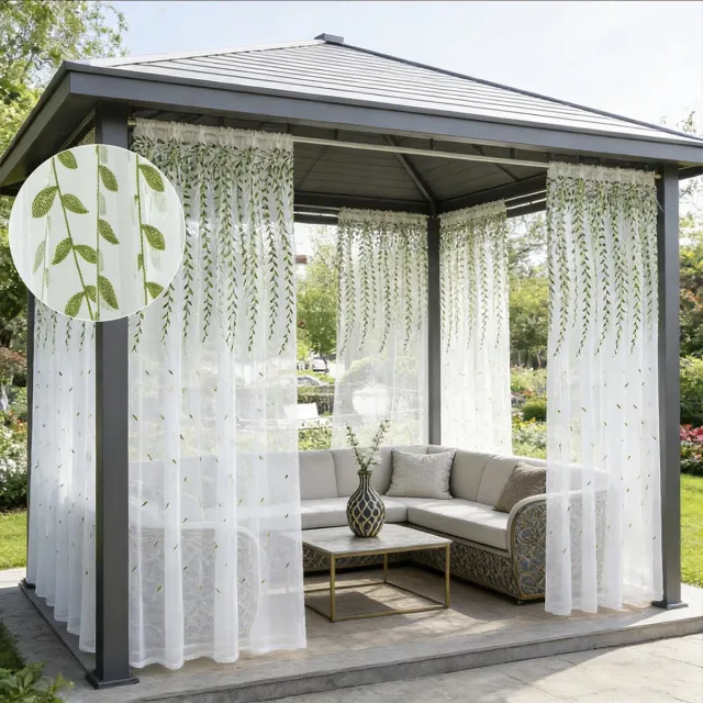 Qelus Geborduurde Buitengordijnen - Vliegengordijn Bladeren Motief - Anti-Insecten Vitrage met Tunnelzoom - Tuin & Veranda - 2 Stuks - 140x244cm Wit