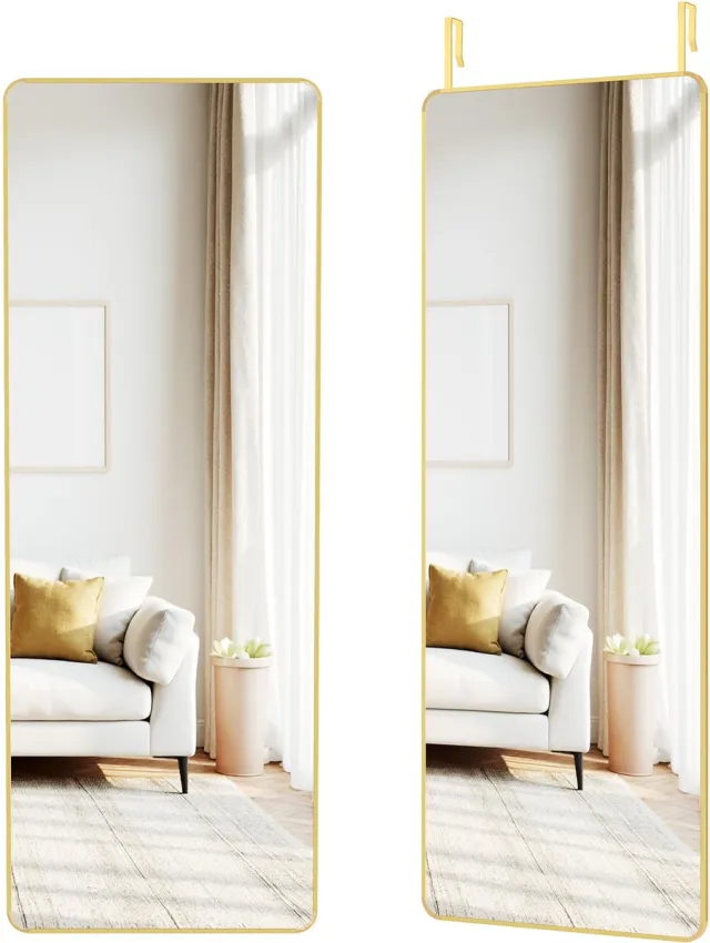 Songmics Spiegel - Spiegel staand - Wand- of Deurmontage - Aluminiumlegering Frame Lichtgoud