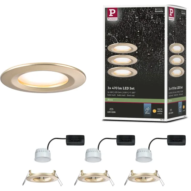 Paulmann LED-inbouwlamp Nova Coin Basisset star IP44 rond 78 mm Coin 3x6W 3x470lm 230V 2700K Goud mat
