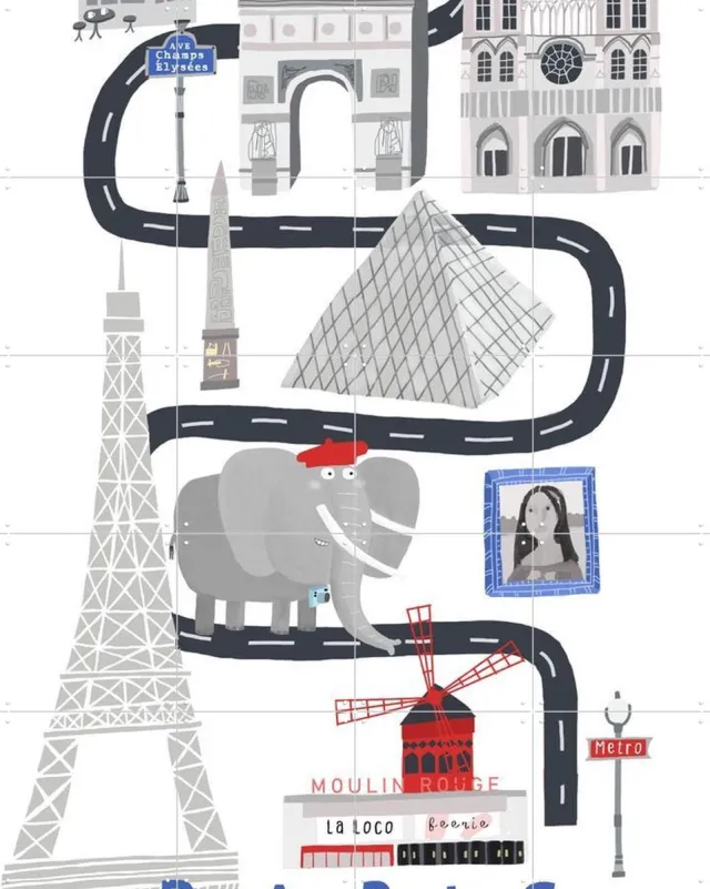 IXXI Paris City With Cute Elephant Tourist, Carla Daly - 80 x 100 cm - Grote wanddecoratie en posters - Illustraties, Cartoonesk, Kleurrijk, Grafisch Grijs / Rood