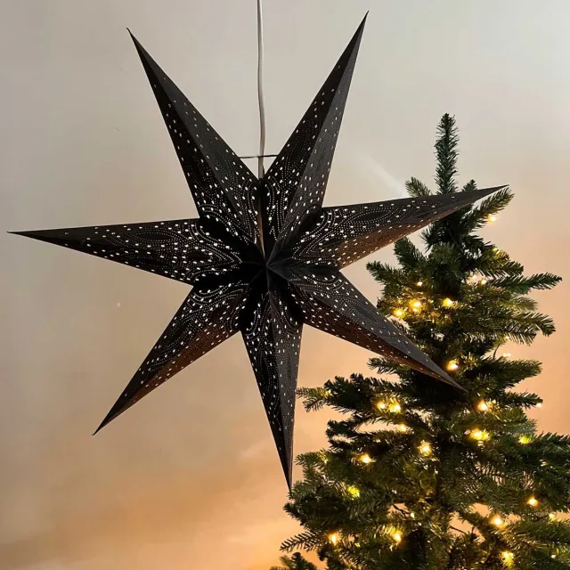 MoreThanHip Kerstster papier met verlichting - 60 cm diameter, 24 cm diep - Kerst ster voor binnen - Nova Zwart/Zwarte Glitter - FSC papier - Incl. 3 m. snoer met stekker, schakelaar en E14-fitting - Kerst Raam decoratie - Kerstversiering - Kerstverlichting