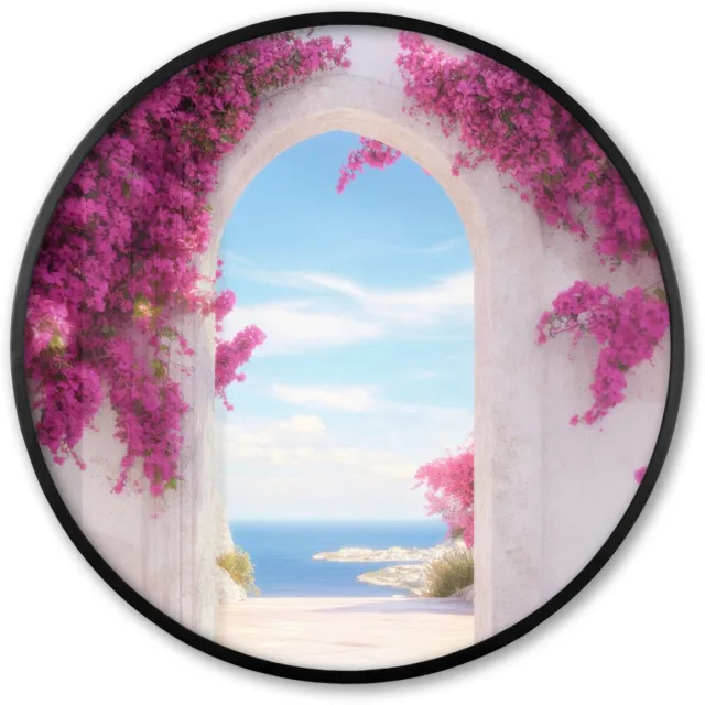 FrameYourWall Poster in lijst Rond - Fotolijst 80x80 cm - Posters - Zee - Roze - Bloemen - Poort - Ronde posterlijst zwart - Decoratie - Wanddecoratie woonkamer - Muurdecoratie slaapkamer Witte poort - Roze bloemen