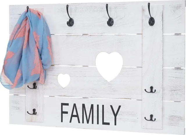 Cosmo Casa Wandkapstok - Familie - Kapstokpaneel - Vintage shabby uitstraling - 8 haken 60x90cm - wit - Shabby