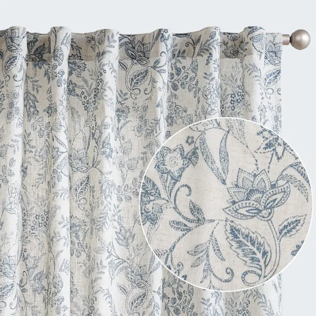 Unyqoos Elegante Linnen Gordijnen met Bloemenprint voor Stijlvolle Interieurs, Set van 2, Blauw op Beige, 140 x 225 cm