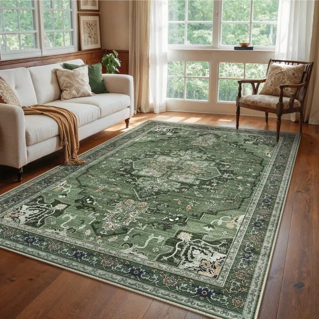 GENIMO Tapijt -Boho vintage kortflor-Wasbaar en antislip-Voor woonkamer, slaapkamer en eetkamer-Groen