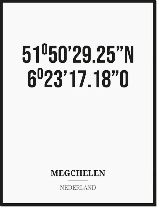 Studio216 Poster/kaart MEGCHELEN met coördinaten zwart, wit