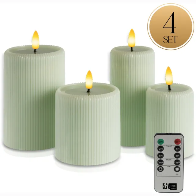 Meisterhome LED Kaarsen 4-delige Set Sage – Flikkerend Licht – Met Afstandsbediening & Timer – Batterijverlichting – Ø7,5/10 cm, Hoogte 10/15 cm – Ribbeldesign – Vlamloos & Energiezuinig
