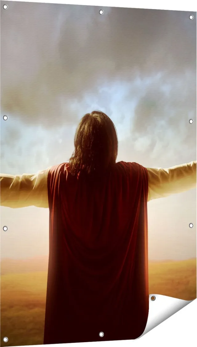 Gards Tuinposter Jezus Christus aan het Bidden bij Zonsopgang - 80x120 cm - Tuindoek - Tuindecoratie - Wanddecoratie buiten - Tuinschilderij Multikleur