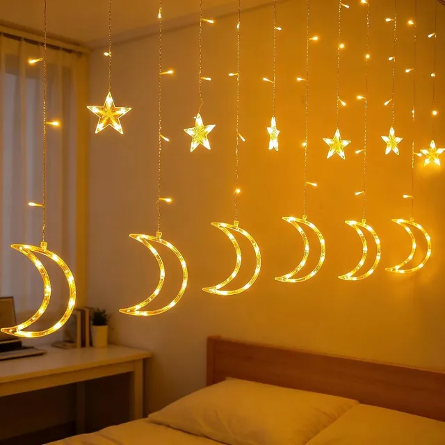 Huttutu Slingerlichten - Maan en Ster Vormige LED Lichtslang - Met Timer en 8 Verschillende Lichtmodi - Waterdicht voor Binnen en Buiten - Geschikt voor Slaapkamer Muur Bruiloft en Outdoor Feest - Warme Witte Kleur - Lengte 3.5 Meter