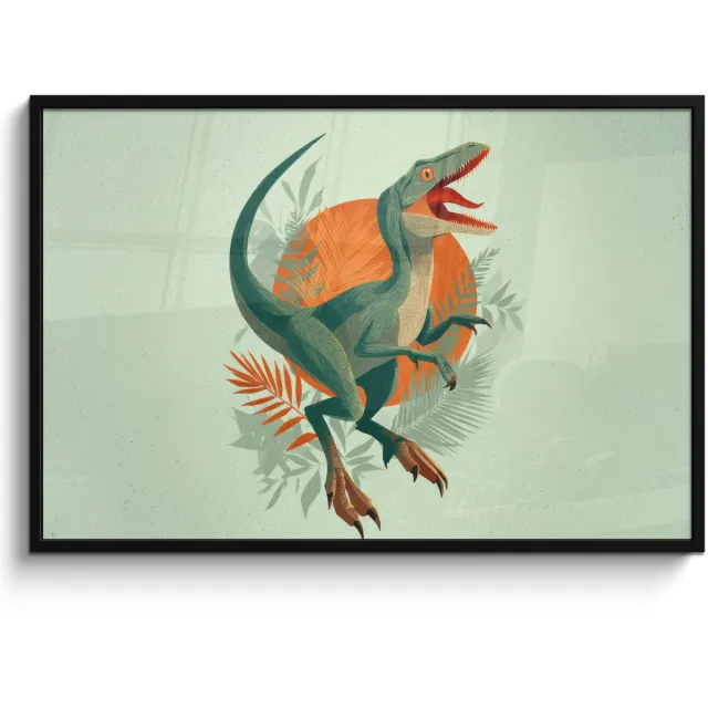 FrameYourWall Poster in lijst - Fotolijst 120x80 cm - Posters - Dino - Bladeren - Grafisch - Groen - Posterlijst zwart - Decoratie - Wanddecoratie woonkamer - Muurdecoratie slaapkamer