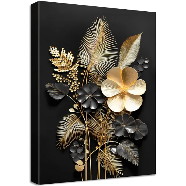 Unyqoos Stijlvolle 3D Canvas Schilderij met Zwart-Gouden Bloemen voor Interieurdecoratie goud zwart