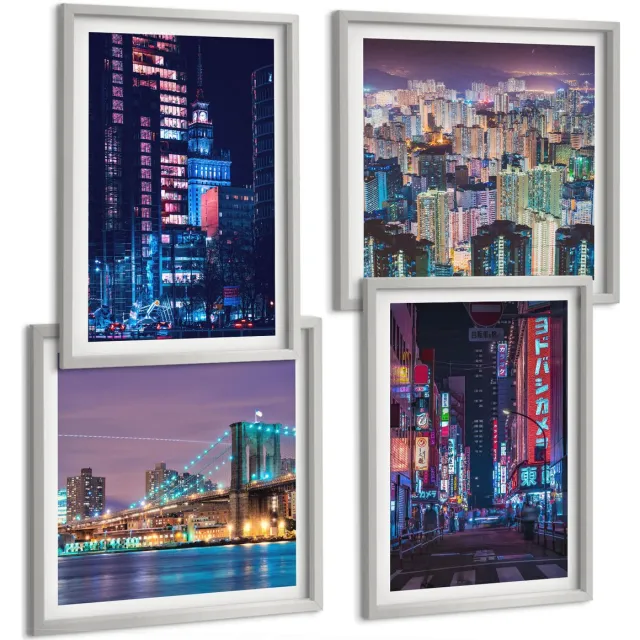 TULUP 4-Delige Schilderij Set - Nachtelijke stadsgezichten met neonlichten - 40 x 40 cm en 40 x 60 cm - Stijlvolle Muurdecoratie - Slaapkamer Zilveren lijst