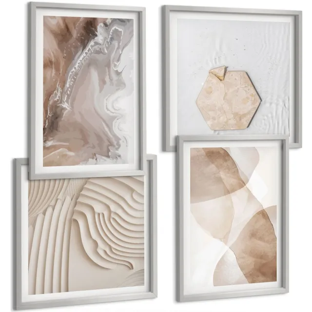 TULUP 4-Delige Schilderij Set - Abstracte vormen, geschilderde structuren in pastelkleuren. - 40 x 40 cm en 40 x 60 cm - Muurdecoratie - Schilderijen Set - Woonkamer - Woonkamer Decoratie Zilveren lijst