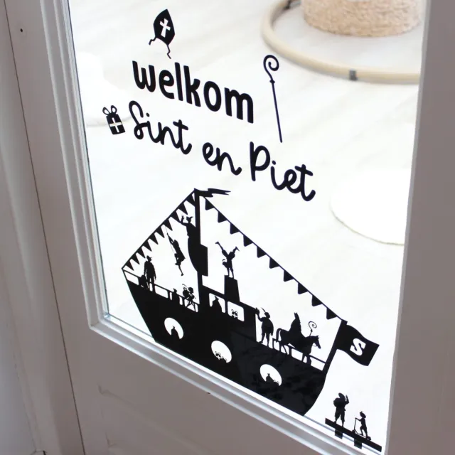 Lievf Raamstickers Sinterklaas – Complete set met stoomboot, Sint op paard, Pieten en Welkom Sint en Piet – Herbruikbare Sinterklaas decoratie raam – Sinterklaas versiering zwart