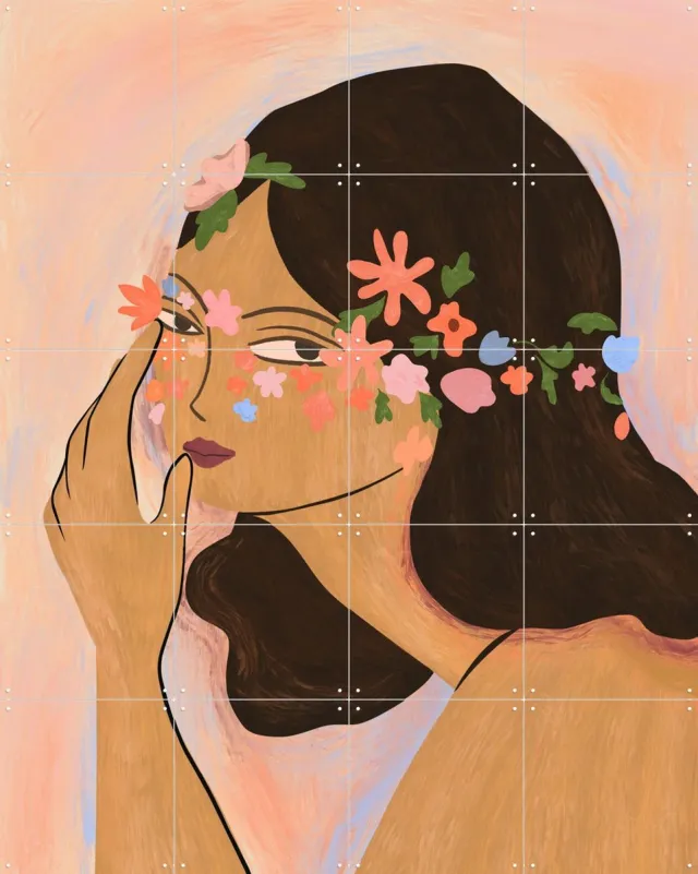 IXXI Earthchild, Arty Guava - 80 x 100 cm - Grote wanddecoratie en posters - Kleurrijk, Speels, Illustraties, Woonkamer, Slaapkamer, Bloemen Roze