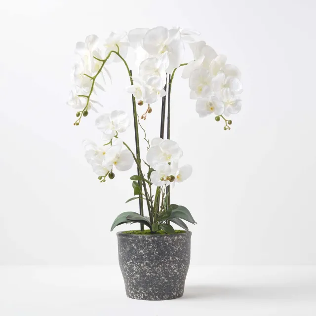 Homescapes Kunstmatige witte Phalaenopsis Orchidee in donkergrijze keramische pot 82 cm
