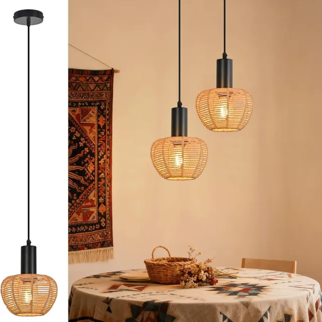 Glitzerlife Hanglampen - Boho Retro Vintage - 1xE27 - Verstelbare hoogte - Rattan papierkoord ijzer - Ø18cm - 25W- eetkamer verstelbaar - Licht curry Eetkamer Slaapkamer Woonkamer Schijf nr. 3