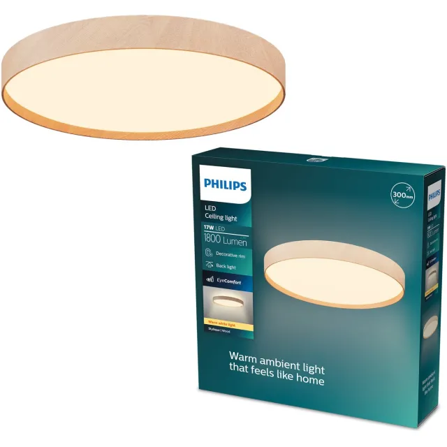 Philips Stylique Plafondlamp - Warmwit licht: 2700K - Twee lichtzones - Houtlook - 24W - Diameter: 38,5cm - Rond Wood colour