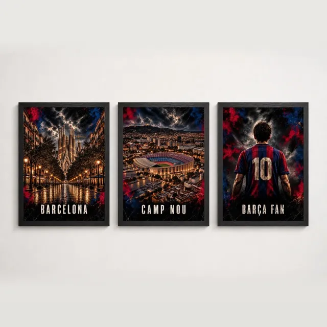 Joshimo FC Barcelona Drieluik | Camp Nou, Sagrada Família & Barça Fan | Inclusief 3 Zwarte A4 Lijsten