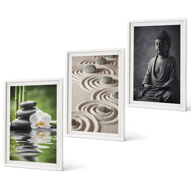 Coloray 3-Delige Schilderij Set - Ontspannend Uitzicht Op Boeddha, Strandstenen En Bamboe. - 40 x 60 - Muurdecoratie - Wanddecoratie - Hal - Decoratieve Schilderijen Witte lijst