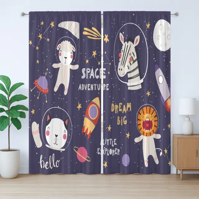 ABAKUHAUS Galaxy Rustiek Gordijn, Dieren Astronaut, met Bandjes voor de Woonkamer met Lussen en Haken, 280 x 225 cm, Multicolor