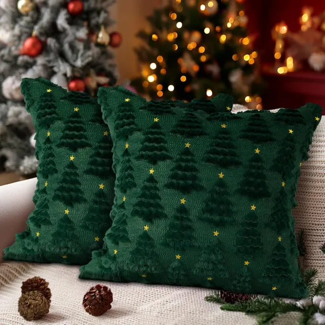 FLITI Kerstkussenhoezen - met sterren en kerstboom - voor kerstdecoratie thuis - kussenhoes - voor thuisgebruik - groen - 45x45 cm - 2 stuks groen 1