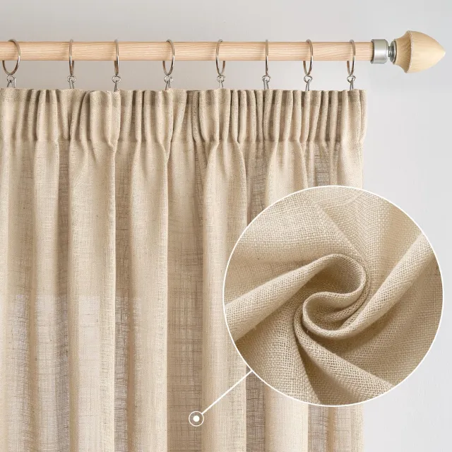 Famanu Linnen gordijnen met plooiband, moderne transparante decoratieve gordijnen, set van 2, 140 x 225 cm, beige, ideaal voor slaapkamers en woonkamers