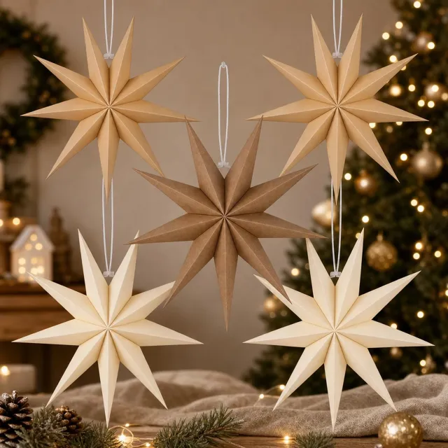 Famanu 5 stuks papieren sterren voor Kerstmis, om op te hangen, met een diameter van 30 cm in kaki, bruin en gebroken wit, perfect voor het versieren van ramen, plafonds of muren tijdens de feestdagen