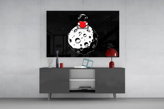 Insigne Art Glasschilderij Astronaut met Hart – Moderne Wanddecoratie – Ruimte Design – Premium Kwaliteit - 110 x 70 cm Zwart