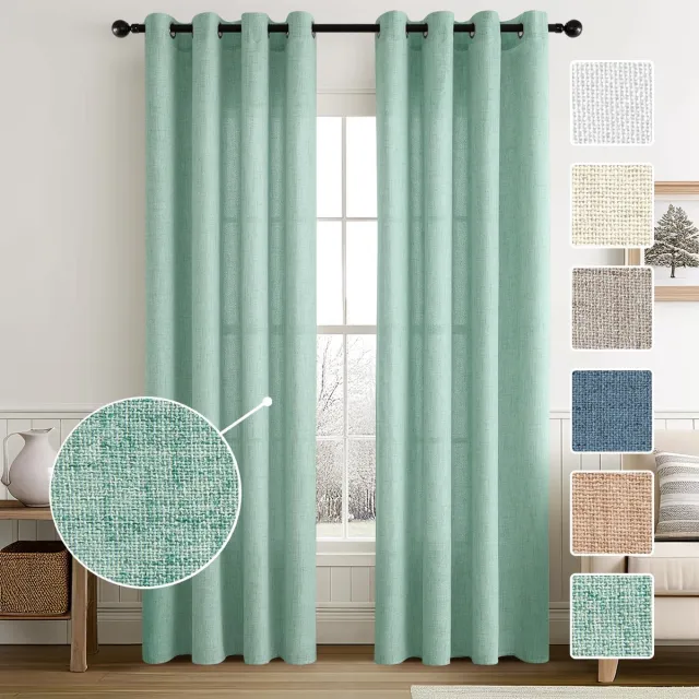 Ibenzoa Mintgroene Linnenlook Woonkamergordijnen met Oogjes, Set van 2, H 245 x B 140 cm